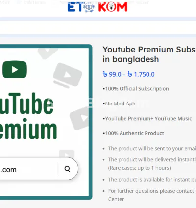 Youtube Premium Subscription price in bangladesh By etokom