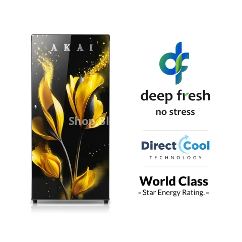 Akai 190L, 1 Star, Single Door Direct Cool Refrigerator (Glass Model Golden Flower) (AKDD2102-GGFB)