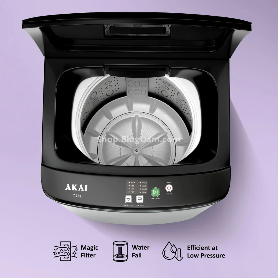 Akai 7.5Kg, 5 Star, Fully Automatic Top Load Washing Machine, Plastic Lid, Inox Grey, AFT-75DGPP