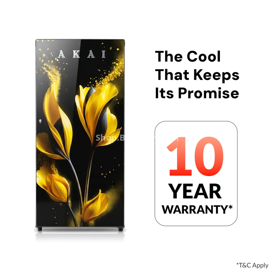 Akai 190L, 1 Star, Single Door Direct Cool Refrigerator (Glass Model Golden Flower) (AKDD2102-GGFB)