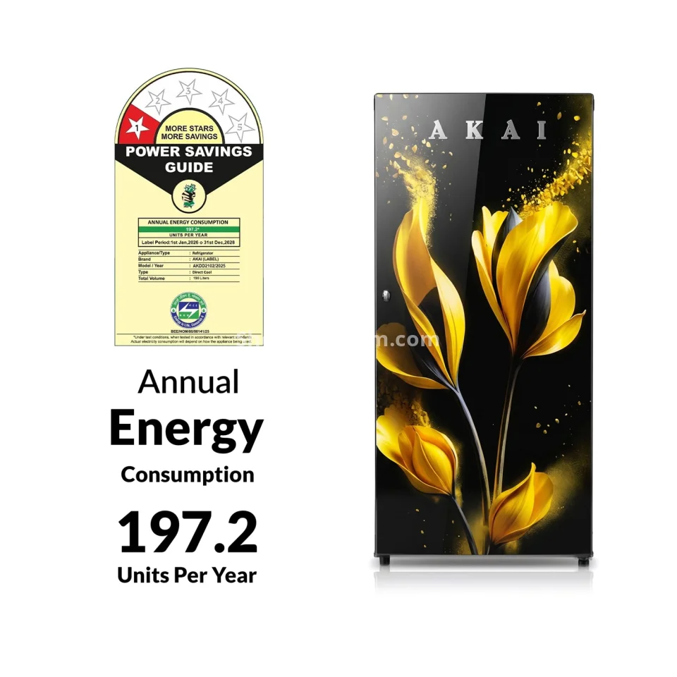 Akai 190L, 1 Star, Single Door Direct Cool Refrigerator (Glass Model Golden Flower) (AKDD2102-GGFB)